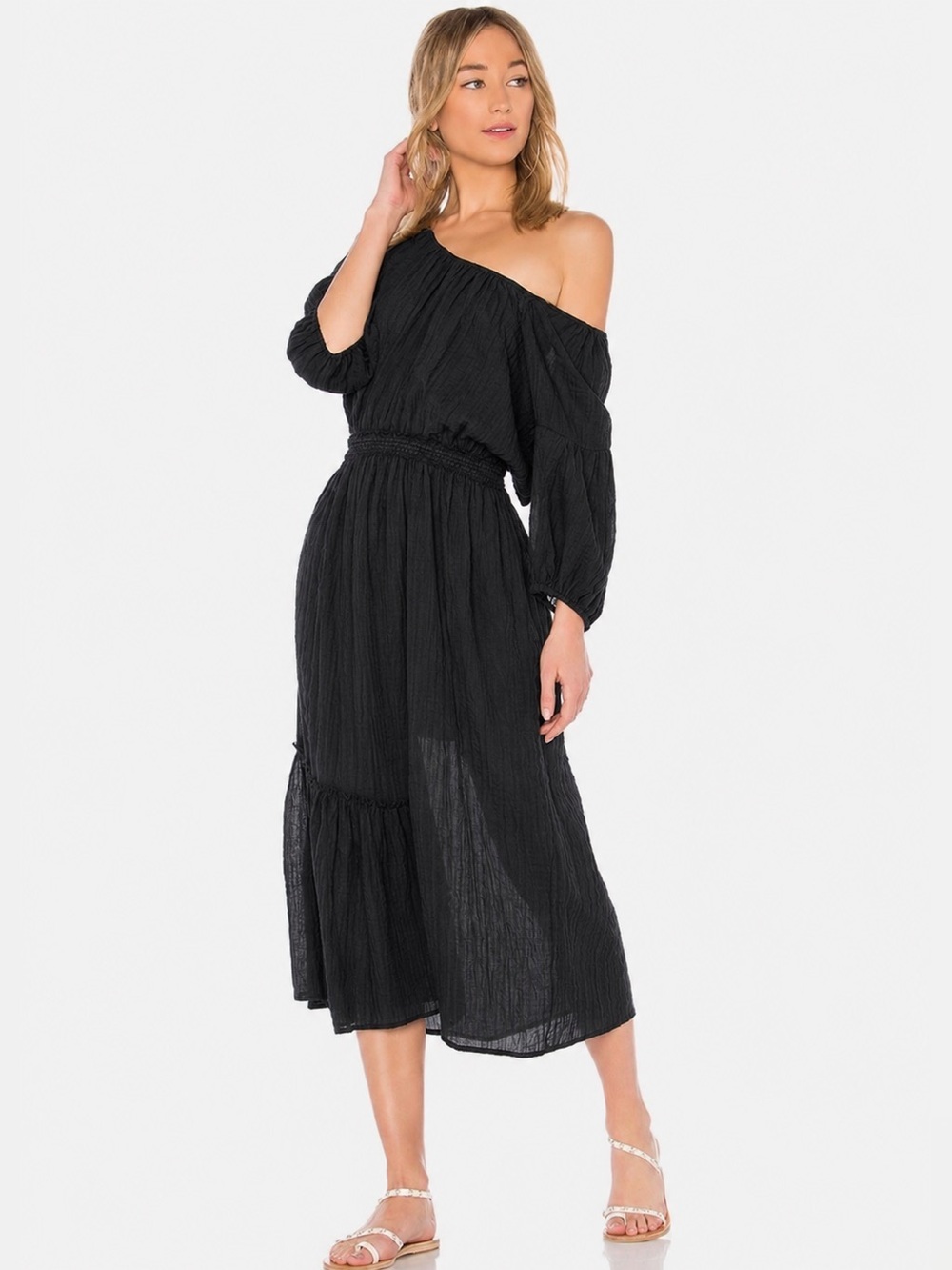 Apiece Apart Camellia Black Cotton Gauze Off Shoulder Midi Dress Size 2